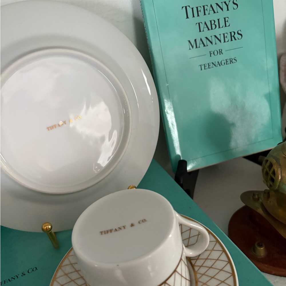 Tiffany & Co. White and Gold Tea /expresso set teach manners w book .